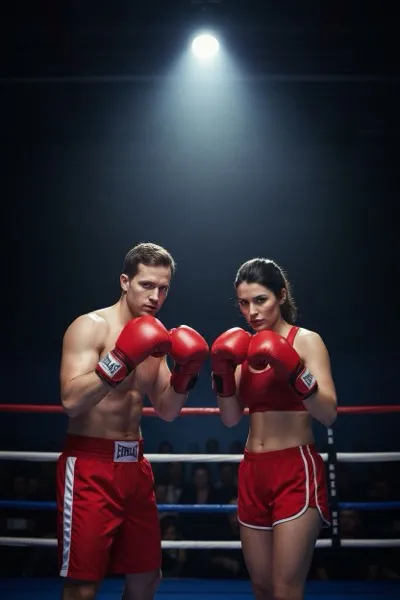 Intenzív és dinamikus hangulatú, AI generált portré egy boxolóról, kezében boxkesztyűvel és küzdősport felszerelésben. A háttérben egy boxterem, egy ring kötelei és egy bokszzsák látható.