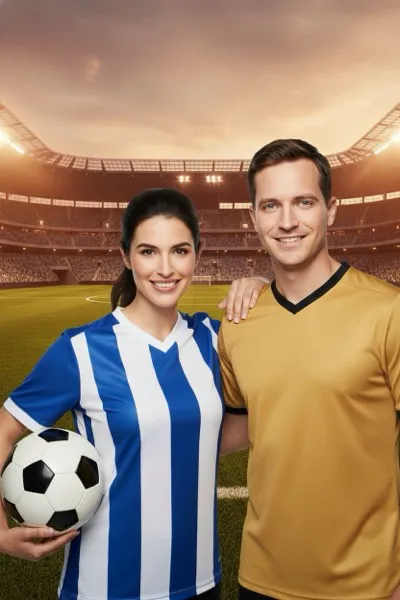 Szenvedélyes és győzelmi hangulatú, AI generált portré egy focistáról csapatszínben pompázó mezben, nyakában sállal és arcán apró arcfestéssel. A háttérben egy telt házas futballstadion zöld gyepe, a kapu hálója és a lelátón ujjongó tömeg látszik a reflektorok fényében.