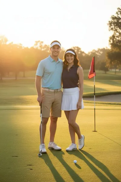 Elegáns és pihentető hangulatú, AI generált portré egy golfozóról stílusos pólóban és sapkában, kezében egy golfütővel. A háttérben egy gondosan ápolt zöld golfpálya, egy homokcsapda (bunker), egy távoli zászló a lyuknál és dombos táj látható napsütésben.