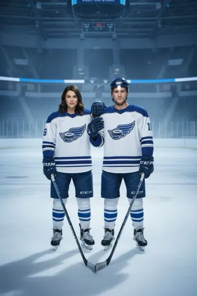 Dinamikus és intenzív hangulatú, AI generált portré egy jégkorongozóról teljes felszerelésben, sisakban és rácsvédőben, kezében hokiütővel. A háttérben egy jégkorong pálya, a palánk, a kapu és a távolban homályosan látszódó nézőtér látható.