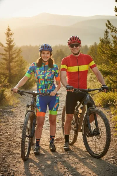 Dinamikus és sportos hangulatú, AI generált portré egy kerékpárosról áramvonalas sisakban, mezben és sportszemüvegben, kezében egy országúti kerékpárt tartva. A háttérben egy kanyargós hegyi út, zöldellő fák, a távoli hegyvonulatok és a napfényes táj látható.