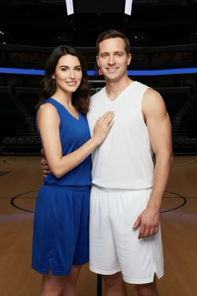 Energikus és versenyszellemű hangulatú, AI generált portré egy kosárlabdázóról ujjatlan mezben, egyik kezével egy kosárlabdát tartva a csípőjén. A háttérben egy kivilágított beltéri sportcsarnok parkettája, a kosárpalánk hálóval és a lelátók homályos sziluettje látható.