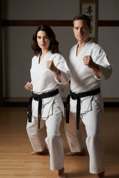 Fegyelmezett és erőteljes hangulatú, AI generált portré egy karatékáról fehér karateruhában (gi) és fekete övvel, harci állásban. A háttérben egy hagyományos japán dojo faburkolatú belső tere, tatami szőnyegek és a falon kalligráfiák láthatók.