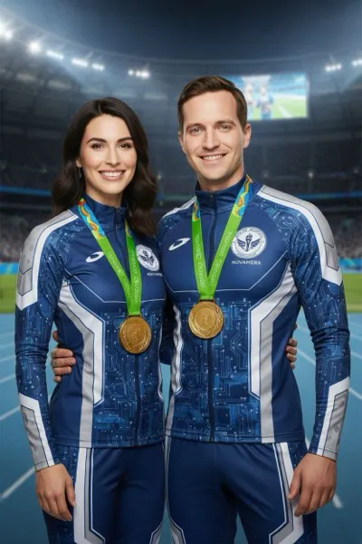 Inspiráló és büszke hangulatú, AI generált portré egy sportolóról, a nyakában egy aranyéremmel, nemzeti színű melegítőben. A háttérben egy hatalmas olimpiai stadion, a lángoló kandeláber, az olimpiai öt karika és a lelátón zászlókat lengető tömeg látható a záróünnepség fényében.