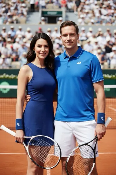 Elegáns és koncentrált hangulatú, AI generált portré egy teniszjátékosról fehér sportruházatban, kezében teniszütővel és egy sárga labdával. A háttérben egy szabadtéri salakos teniszpálya vörös pora, a háló és az üres lelátók látszódnak a napsütésben.