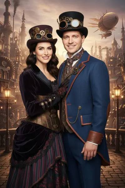 Steampunk stílusú AI generált páros portré viktoriánus kori kosztümökkel és fogaskerekes kiegészítőkkel.