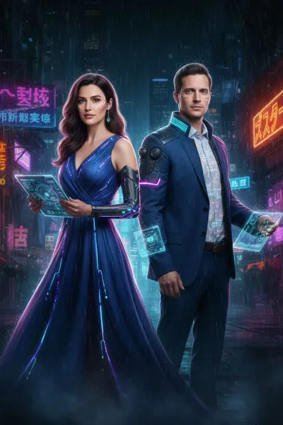 AI-generált szelfi egy mosolygó párról egy futurisztikus, neonfényes cyberpunk városban. Neonreklámok, sötét tónusok és kiber-kiegészítők jellemzik a képet.