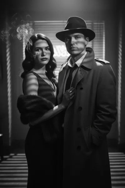 AI-generált fekete-fehér szelfi egy mosolygó párról, film noir stílusban. Erős kontrasztok, mély árnyékok (chiaroscuro), drámai megvilágítás és szemcsés textúra jellemzi a képet. A háttérben egy rejtélyes, eső áztatta városi utca és egy neonfelirat villódzása sejlik fel.
