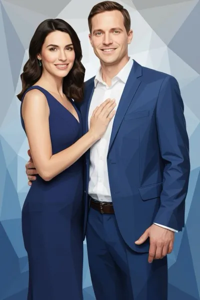 AI-generált portré egy mosolygó párról, low poly stílusban. A karakterek és a háttér egyszerű geometrikus formákból, poligonokból épülnek fel, kevés részlettel és sík színekkel. A kép minimalista, retro videojátékokra emlékeztető hangulatot áraszt.