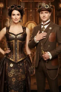 AI-generált szelfi egy mosolygó párról steampunk stílusban. Viktoriánus ruhák, fogaskerekek, sárgaréz kiegészítők és gőzgépek jellemzik a szépia tónusú, kalandos hangulatú képet.