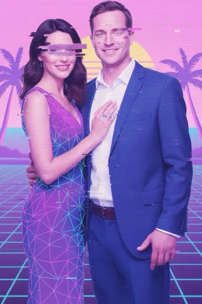 AI-generált szelfi egy mosolygó párról, vaporwave stílusban. Nosztalgikus 80-as és 90-as évekbeli esztétika, neonfények, pasztell rózsaszín és türkiz színek, glitch art elemek és márványszobrok keverednek a képen. A háttérben egy futurisztikus, mégis retro városkép és egy pálmafás tengerpart látható a naplementében.