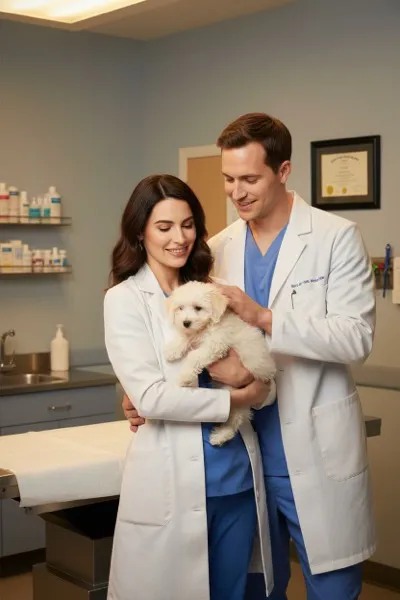 AI-generált portré egy mosolygó párról, akik állatorvosi rendelőben, vizsgálati asztal mellett pózolnak. Kezükben egy kisállatot tartanak, a háttérben orvosi eszközök láthatók. Várom a következő fájlnevet!