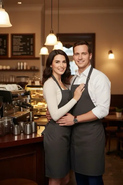 AI-generált portré egy mosolygó párról, akik kötényben, kávéházi környezetben pózolnak. Kezükben kávéscsészéket és tejhabosítót tartanak, a háttérben kávégép és süteményes pult látható.