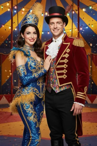 AI-generált portré egy mosolygó párról, akik látványos, csillogó cirkuszi jelmezben pózolnak a porondon. Háttérben színes fények és a cirkuszi sátor belső tere látható.