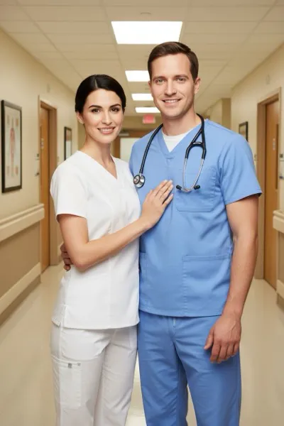 AI-generált portré egy mosolygó párról, akik orvosi munkaruhában és fonendoszkóppal a nyakukban pózolnak egy kórházi folyosón. Háttérben orvosi berendezések és egy kórterem ajtaja látható.
