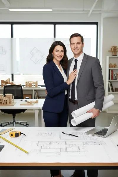 AI-generált portré egy mosolygó párról, akik modern építészirodában pózolnak. Kezükben tervrajzokat és vonalzót tartanak, a háttérben makettek láthatók.
