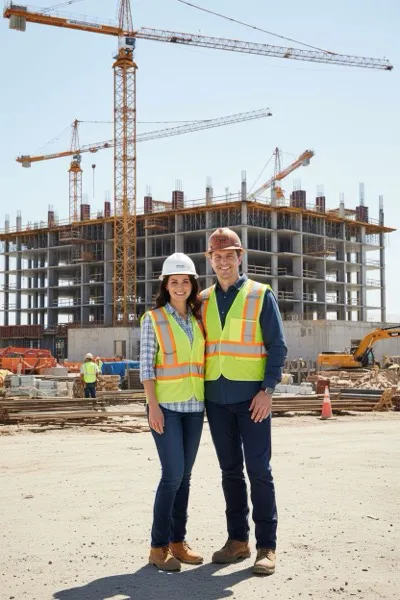 AI-generált portré egy mosolygó párról, akik munkavédelmi sisakban és láthatósági mellényben pózolnak egy építkezésen. Háttérben daruk, épülő állványok és szerszámok láthatók a napsütésben.