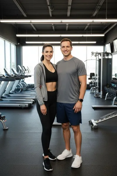 AI-generált portré egy mosolygó, sportos párról, akik fitnesz ruhában pózolnak egy modern edzőteremben. Kezükben kézisúlyzókat tartanak, a háttérben futópadok, súlyzótárcsák és motiváló feliratok láthatók.