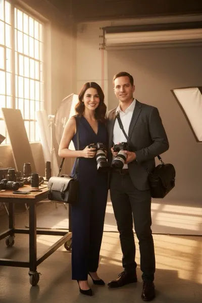 AI-generált portré egy mosolygó párról, akik profi fényképezőgépekkel a nyakukban pózolnak egy fotóstúdióban. Háttérben stúdiólámpák, hátterek és egyéb fotós felszerelések láthatók.