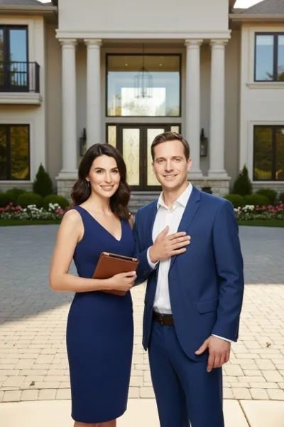 AI-generált portré egy mosolygó párról, akik elegáns irodában, okostelefonnal és eladó ingatlant mutató képernyővel pózolnak. Háttérben ingatlanos plakátok láthatók.