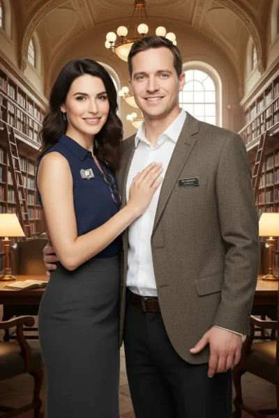 AI-generált portré egy mosolygó párról, akik szemüvegben és kötött pulóverben pózolnak egy könyvtárban. Kezükben könyveket tartanak, a háttérben magas könyvespolcok és olvasólámpák láthatók.