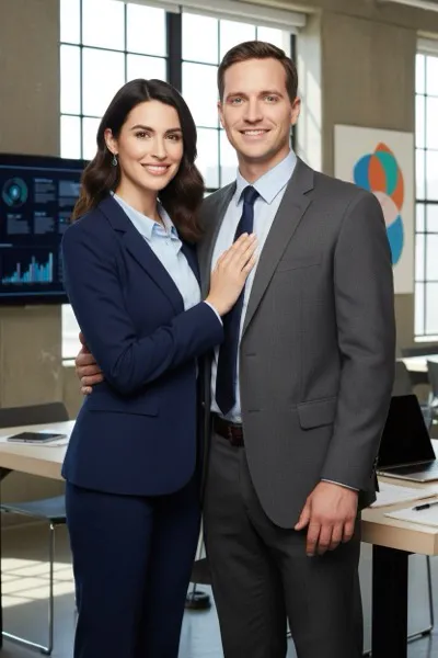 AI-generált portré egy mosolygó párról, akik modern irodában, laptopokkal és egy hirdetőtábla előtt pózolnak. Háttérben marketinges grafikonok láthatók.