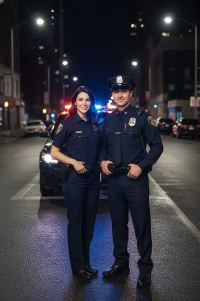 AI-generált portré egy mosolygó párról, akik rendőr egyenruhában pózolnak egy rendőrautó előtt. A háttérben egy városi utca és a távolban egy rendőrőrs látható.