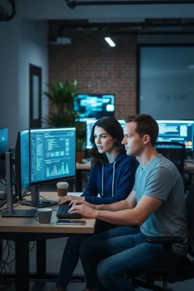 AI-generált portré egy mosolygó párról, akik modern irodában, laptopok és több monitor előtt pózolnak. Háttérben programkód látható.