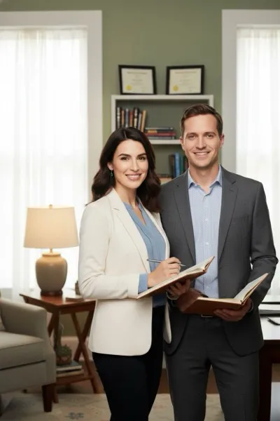 AI-generált portré egy mosolygó párról, akik barátságos, megnyugtató légkörű terápiás szobában, kényelmes fotelekben pózolnak. Háttérben szobanövények és puha fények láthatók.