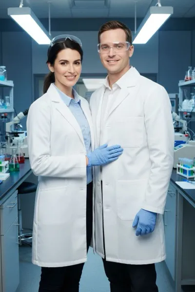 AI-generált portré egy mosolygó párról, akik fehér köpenyben pózolnak egy modern laboratóriumban. Háttérben lombikok, mikroszkópok és kémcsövek láthatók.