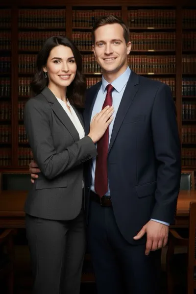AI-generált portré egy mosolygó, magabiztos párról, akik elegáns sötét öltönyben és kosztümben pózolnak egy klasszikus berendezésű tárgyalóteremben vagy ügyvédi irodában.