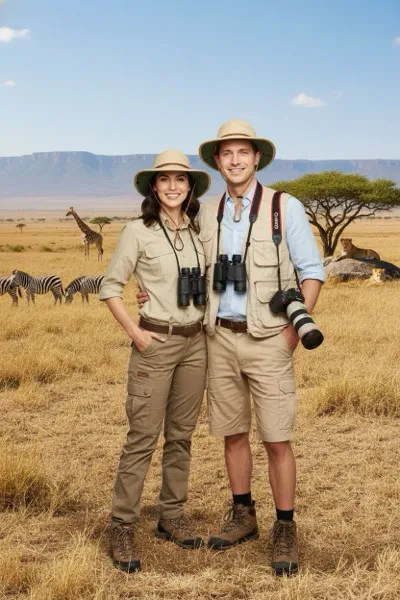 AI-generált portré egy mosolygó párról, akik túraruhában és távcsővel a nyakukban pózolnak egy dzsungelben. Háttérben egzotikus növények, egy távoli vízesés és egy vadállat sziluettje látható.