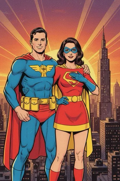 Szuperhős Aranykor AI selfie stílus páros arccsere funkcióval.