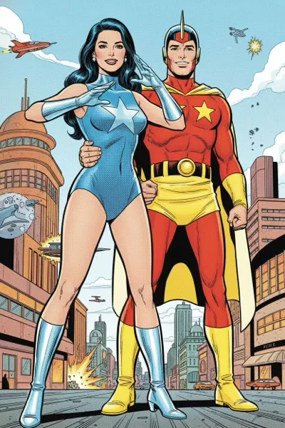 Klasszikus ezüstkori képregény stílusú AI arccsere technológia rendezvényekre.