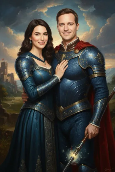 Hiperrealisztikus olajfestmény stílusú AI generált páros szuperhős portré klasszikus művészi hatással.