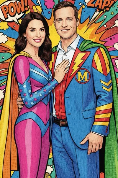 Pop Art stílusú színes képregény arccsere funkció esküvőkre és bulikra.