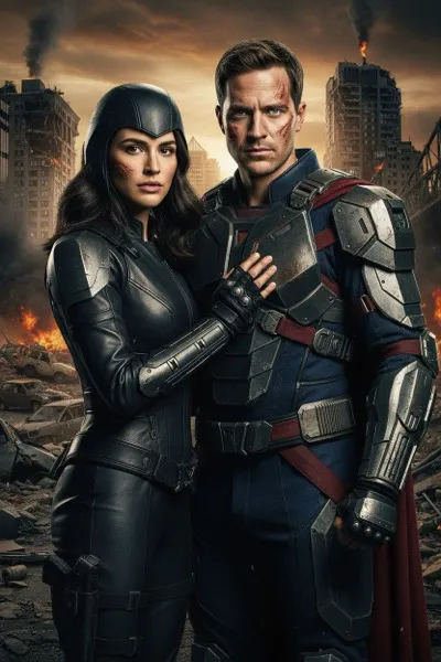 Sötét tónusú, realisztikus szuperhős film stílusú AI generált páros portré látványos kosztümökkel.
