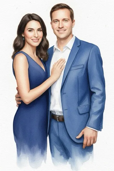 AI-generált, áttetsző és légies akvarell festmény egy mosolygó párról. Finom színátmenetek, elmosódott szélek és a papír textúrája határozzák meg a képet, pasztell és élénkebb tónusok keveredésével.