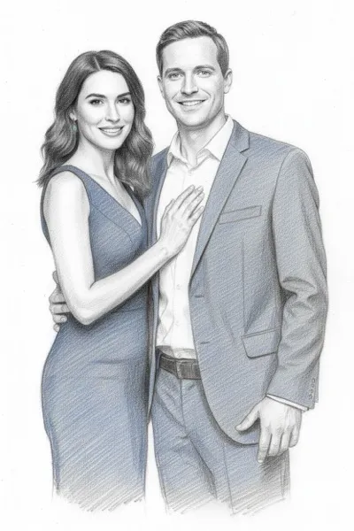 AI-generált, részletes grafit ceruzarajz egy mosolygó párról. Precíz vonalvezetés, finom árnyékolás és a papír textúrája teszi realisztikussá és művészivé a képet.