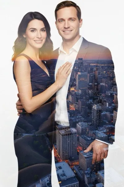 AI-generált, kettős expozíciós fotó egy mosolygó párról. Az arcvonásaik áttetszően mosódnak össze egy hangulatos városi látkép vagy természeti táj rétegeivel, költői és szürreális hatást keltve.