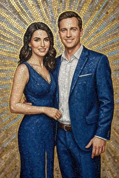 AI-generált portré egy mosolygó párról, amely apró, színes kerámia- és üvegdarabkákból összeállított mozaikként jelenik meg. A különböző textúrájú és formájú kövek precízen követik az arcvonásokat és a ruházatot, kézműves és vibráló hatást keltve.