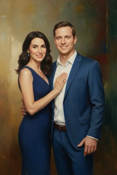 AI-generált, digitális olajfestmény egy mosolygó párról. Gazdag, texturált ecsetvonások, meleg színek és klasszikus kompozíció jellemzi a képet, aranyozott keretet imitáló szegéllyel.