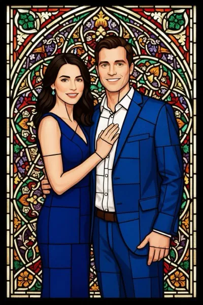 AI-generált kép egy mosolygó párról, ólomüveg stílusban. Az arcokat és ruhákat vastag fekete kontúrok osztják színes, áttetsző üvegdarabokra, amelyeken átvilágít a fény, mozaikos és szakrális hatást keltve.