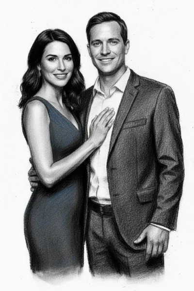 AI-generált, monokróm szénrajz egy mosolygó párról. Mély feketék, elmaszatolt satírozások és a papír érdes textúrája adják a kép kifejező, kézműves jellegét.