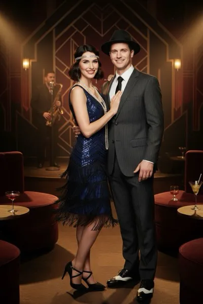 Csillogó, 1920-as évekbeli art deco hangulatú, AI által generált selfie-gép fotó, amelyen egy látogató flapper ruhában és fejdísszel pózol egy elegáns jazz klubban, pezsgővel és tollboával a háttérben.