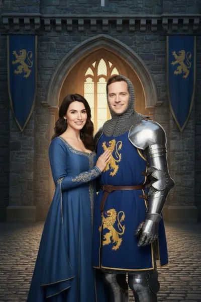 Hiteles középkori hangulatú, AI által generált selfie-gép fotó, amelyen egy látogató lovagi páncélban és karddal pózol egy várudvaron, a háttérben egy kővárral és lovagi tornával.