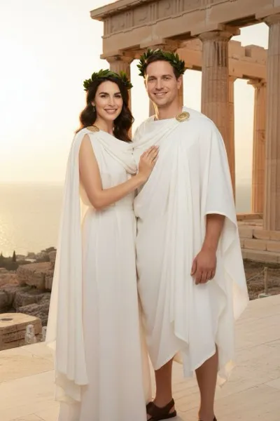 Klasszikus ókori görög stílusú, AI által generált selfie-gép fotó, amelyen egy látogató hellén öltözetben látható egy márványtemplom előtt, a háttérben az Akropolisszal és a Földközi-tengerrel.