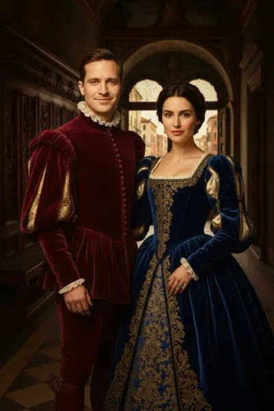 Kifinomult reneszánsz hangulatú, AI által generált selfie-gép fotó, amelyen egy látogató korabeli olasz nemesi öltözetben pózol, a háttérben egy firenzei palotával és freskókkal.