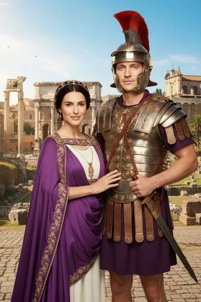 Hiteles római kori hangulatú, AI által generált selfie-gép fotó, amelyen egy látogató tógában és babérkoszorúval pózol egy római fórumon, a háttérben a Colosseummal és diadalívvel.