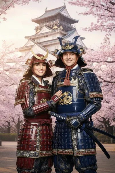 Edo-kori japán hangulatú, AI által generált selfie-gép fotó, amelyen egy látogató hagyományos szamuráj páncélban és katanával pózol, a háttérben egy japán kastéllyal és cseresznyevirágokkal.